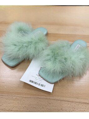 Sleeper Pom Slide Sandals with Feathers in Mint Blue sz 35 EU / US 5 Women's
